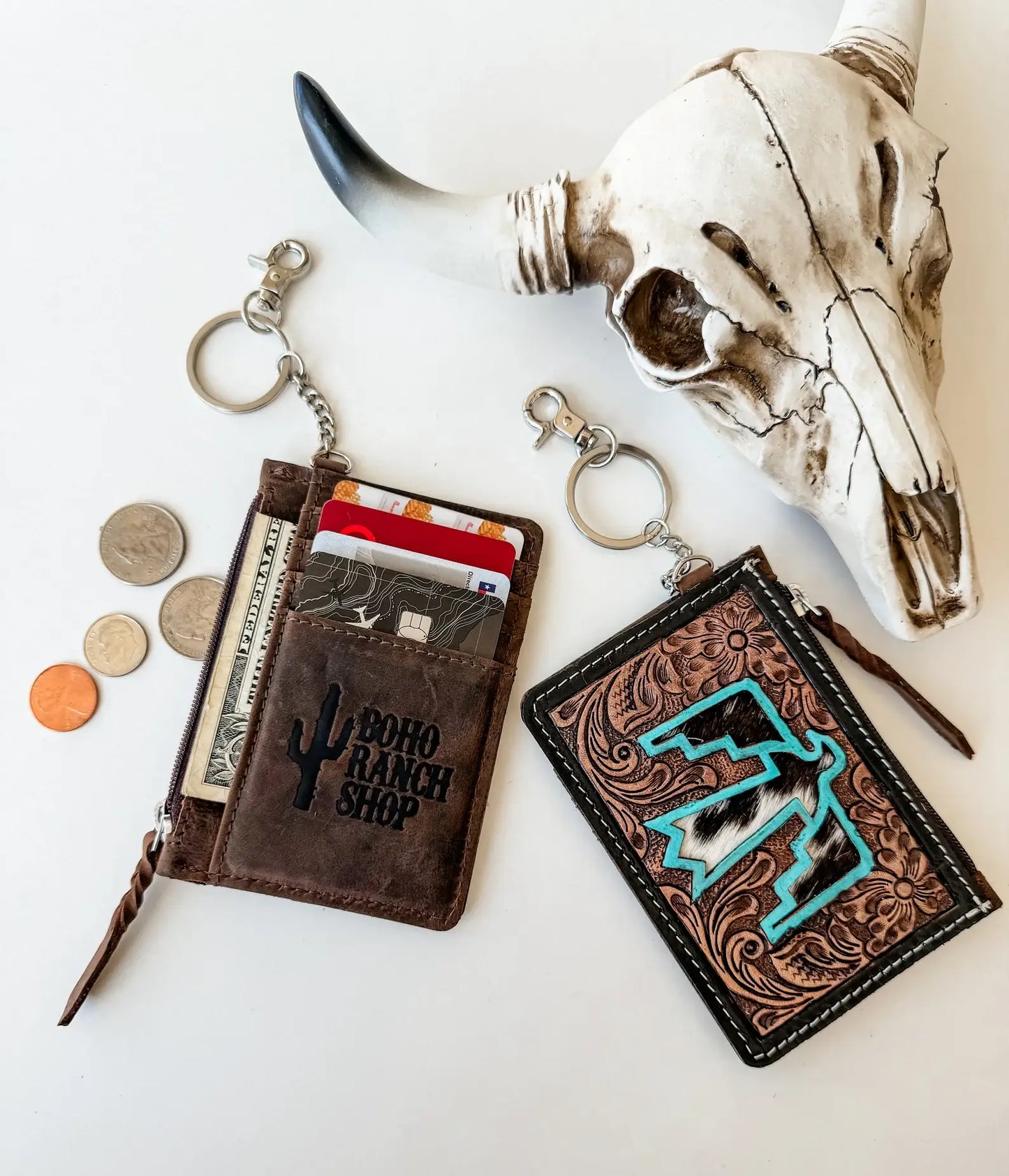 Thunderbird Cowhide Leather Keychain Wallet | Turquoise