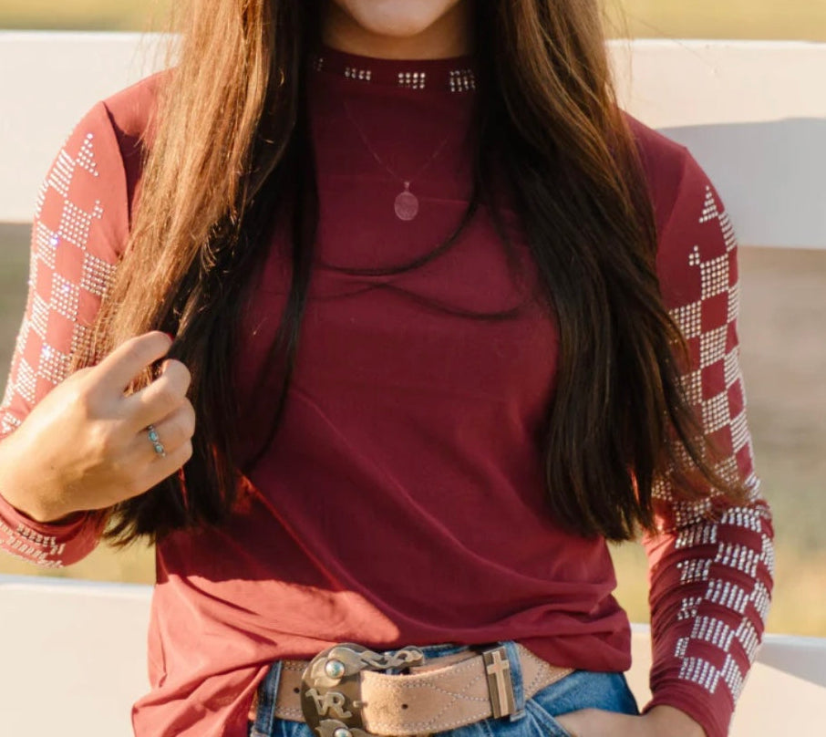 Checked in Maroon Mesh Top