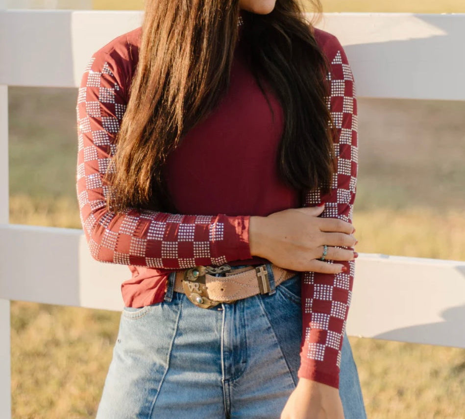 Checked in Maroon Mesh Top