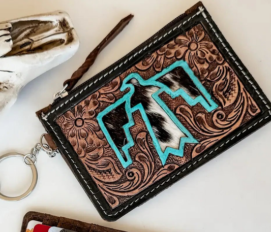 Thunderbird Cowhide Leather Keychain Wallet | Turquoise
